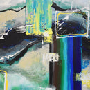 Detalles de la obra con tonos azules y marrones, dripping y veladuras.