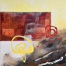 Zona superior izquierda donde se observa rectángulo de color granate con manchas de color, dripping y veladuras.