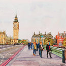 Acuarela sobre cartón de colores brillantes con tonos naranjas, rojos, azules y amarillos que resaltan la Elizabeth Tower