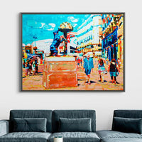 Obra realizada en acrílico sobre lienzo mediante espátula, con colores vibrantes e intensos representando la puerta del sol de Madrid