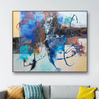 "Cuadro abstracto original en acrílico sobre lienzo en tonos azul y marrón, de Trujillo — obra única firmada con certificado de autenticidad"